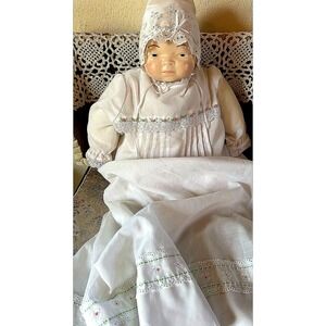 Collectible Porcelain Doll with Antique White Dress/Vtg Hand Embroidered Gown
